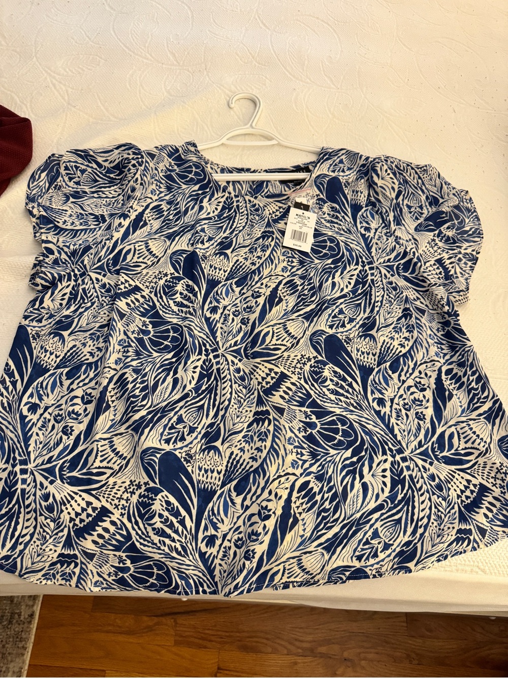 Blue and White Floral Flutter Sleeve Top - Women